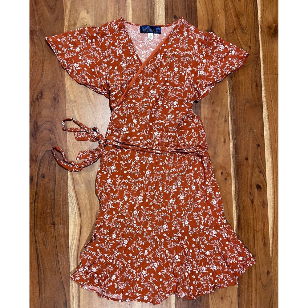 Blue Rain Aviana Rust Orange Floral Wrap Dress Short Flutter Sleeve Small